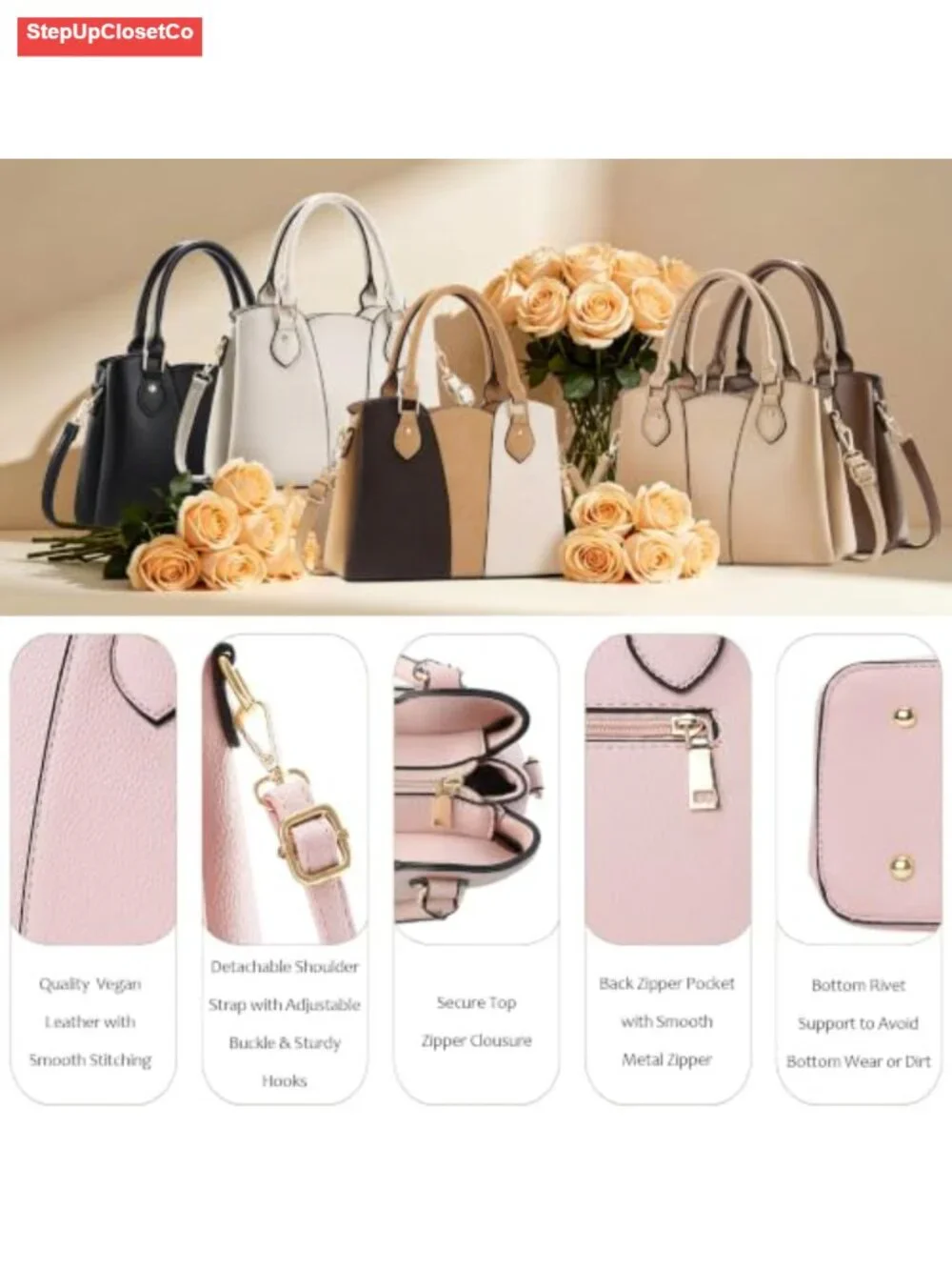 Vegan Leather Crossbody Satchel Purse for Women Top-handle Tote with Zipper